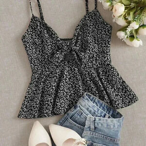 Black Boho Womens Knot Front Allover Plants Cami Top
